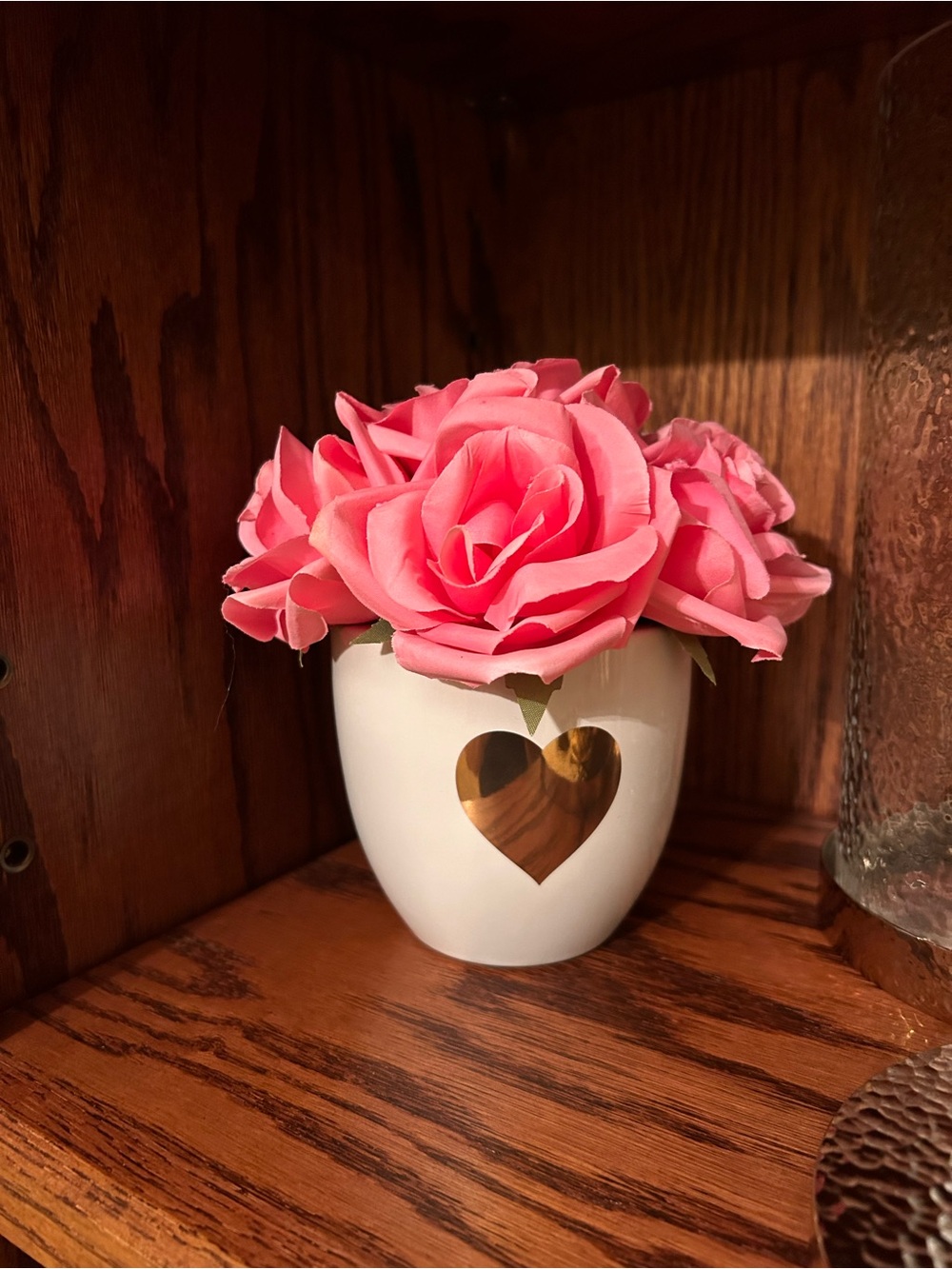 Small Vase with Silk Pink Roses with Gold Heart Decor 4.5